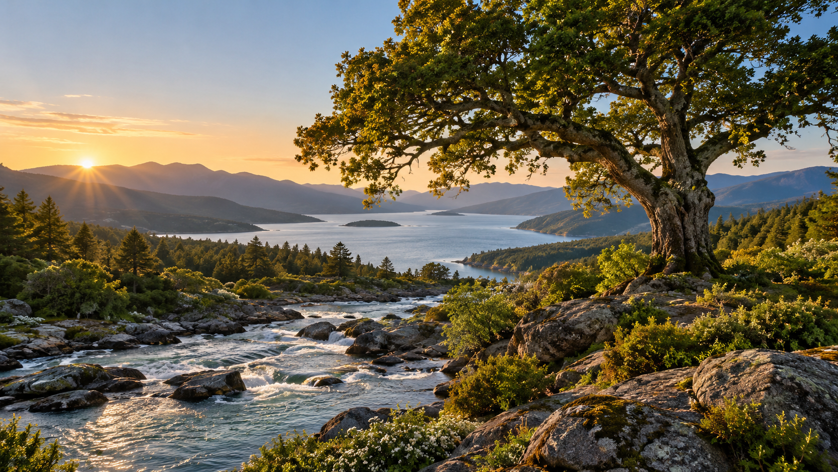 Flourishing tree beside flowing water and mountains at sunrise