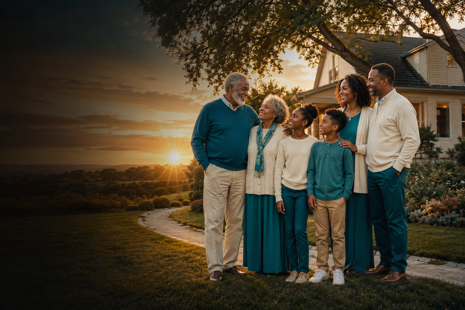 A Black multigenerational family gathered beside their home at sunrise