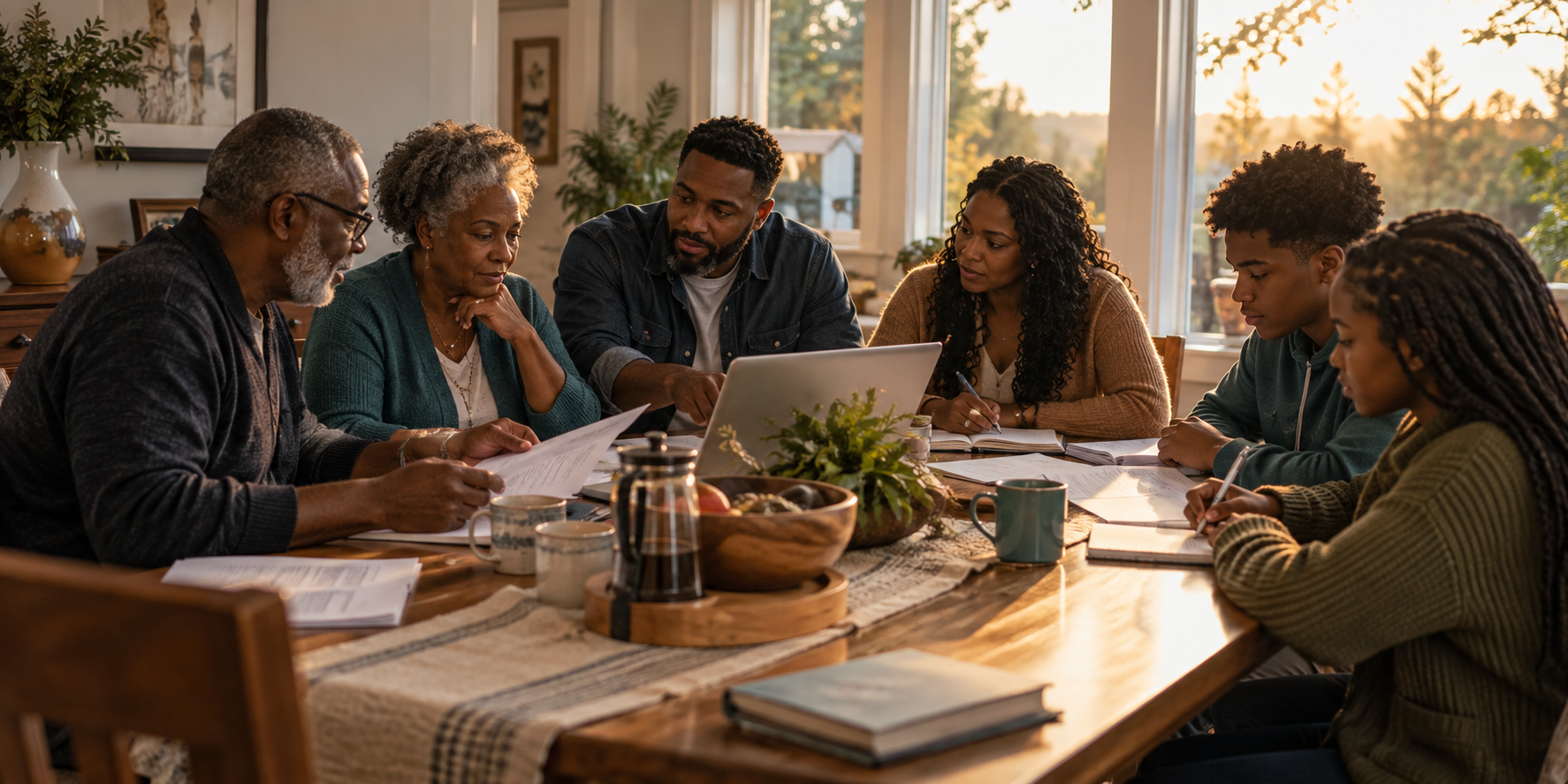 A multigenerational family planning together around their home table