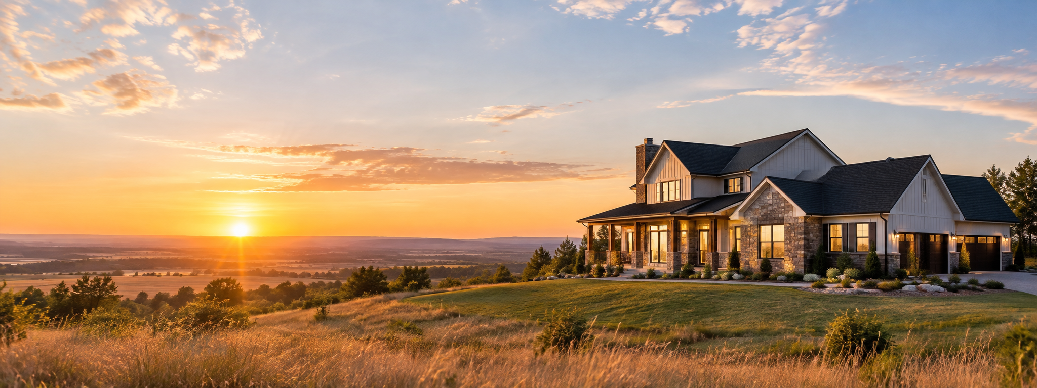 A welcoming house overlooking the landscape at sunrise