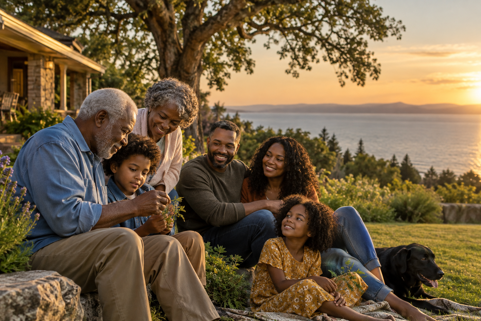 Grandparents, parents, and children sharing a meaningful family moment near the water