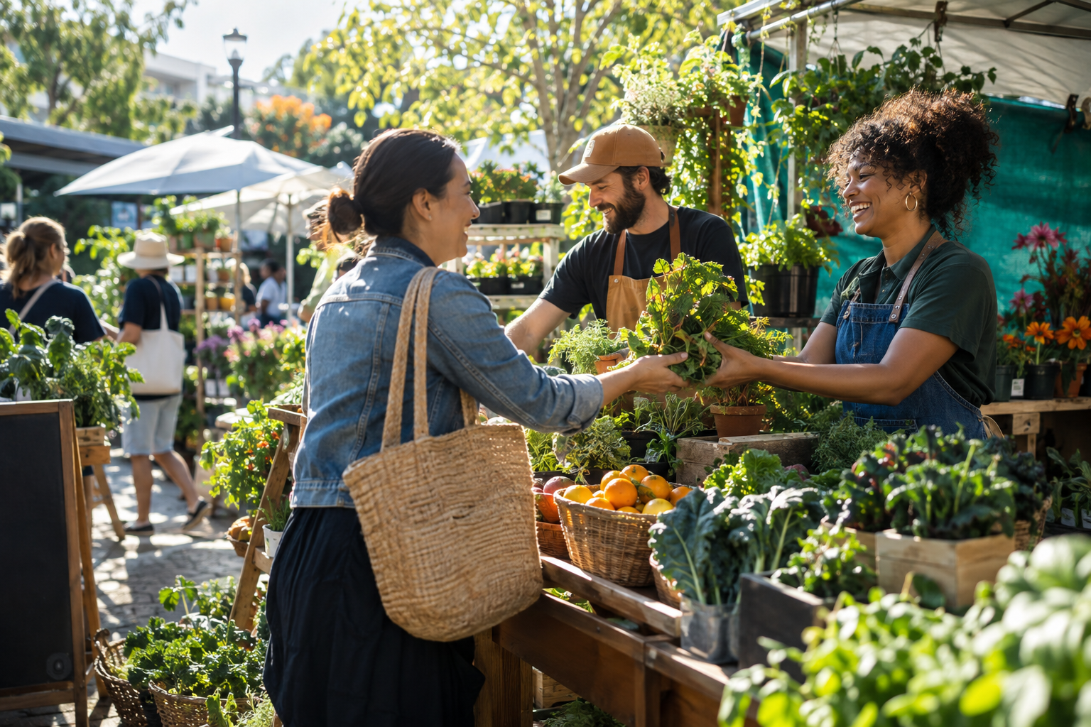 Diverse small business owners serving a customer at a flourishing community market