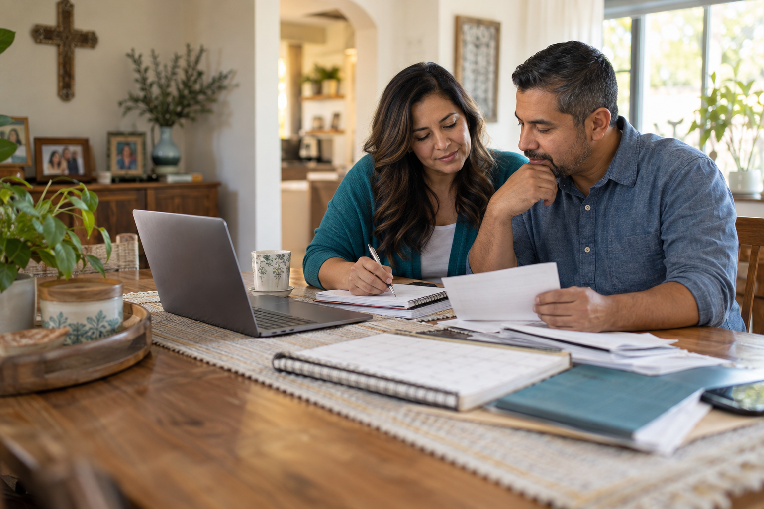 A couple calmly organizing their household plan with a notebook and laptop