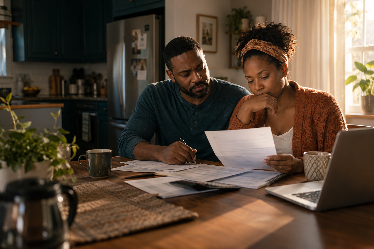 A couple reviewing household bills together at a kitchen table in early morning light