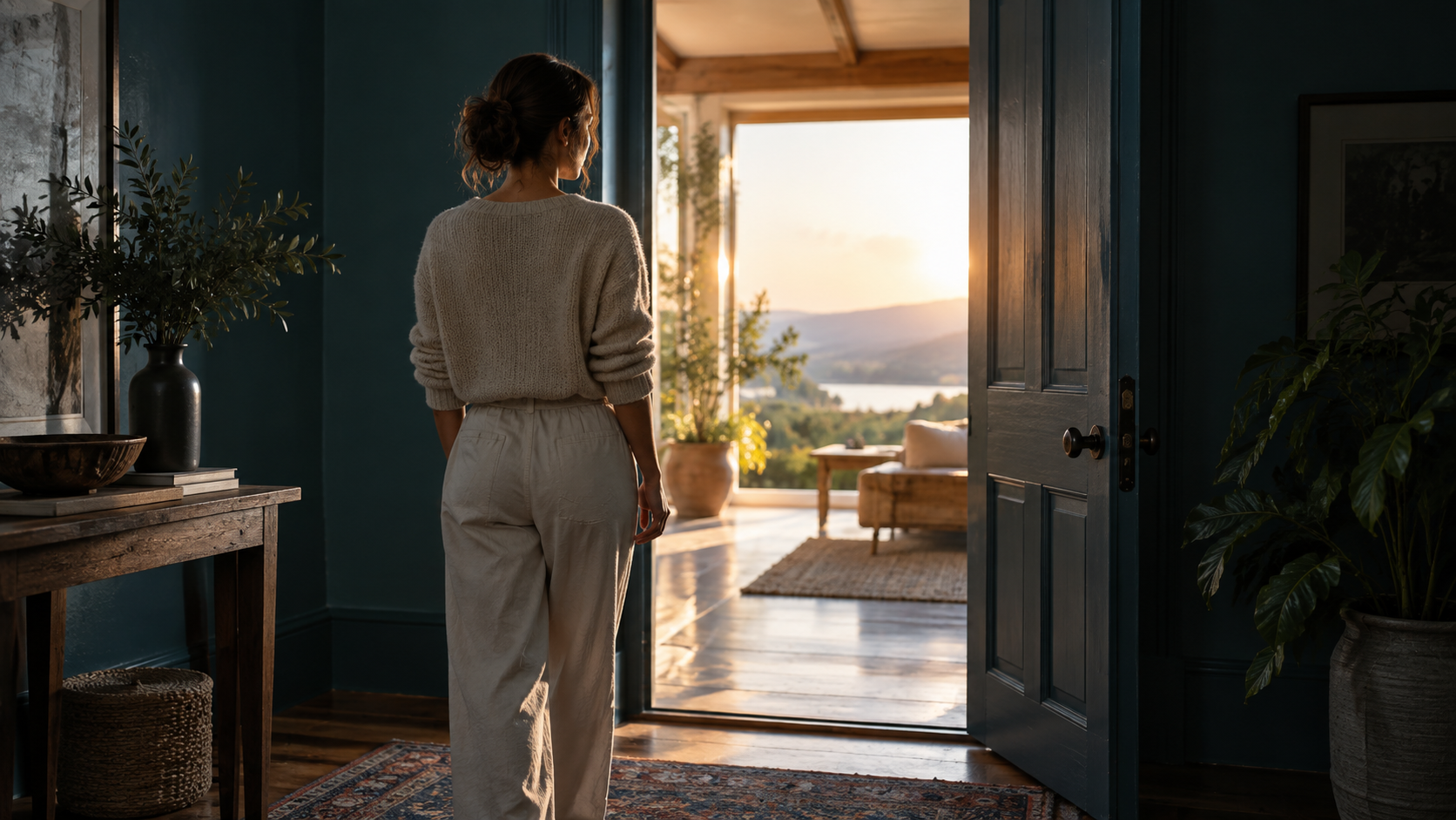 An open doorway leading toward a bright, hopeful landscape