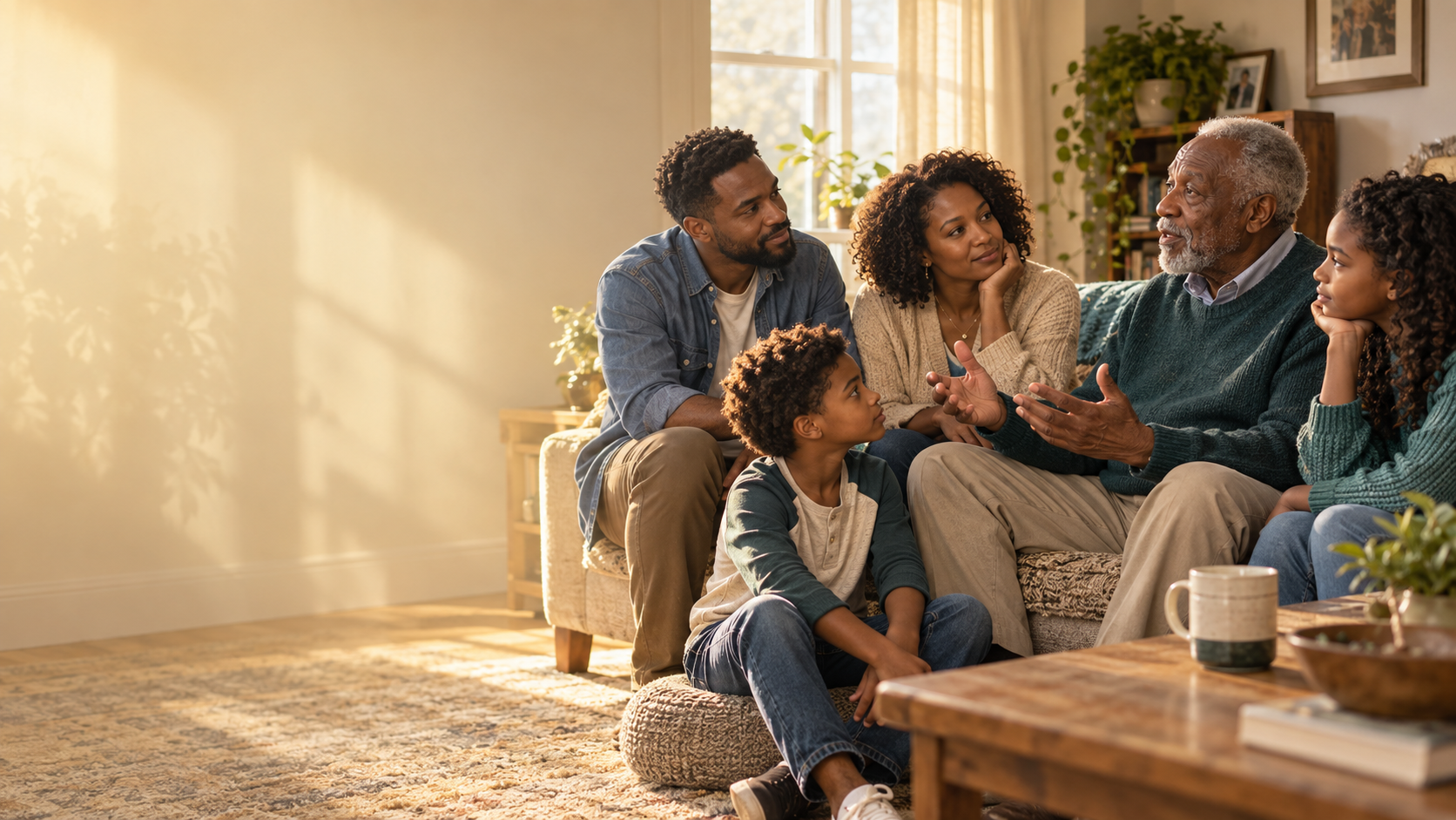 A multigenerational family sharing faith, wisdom, and hope at home