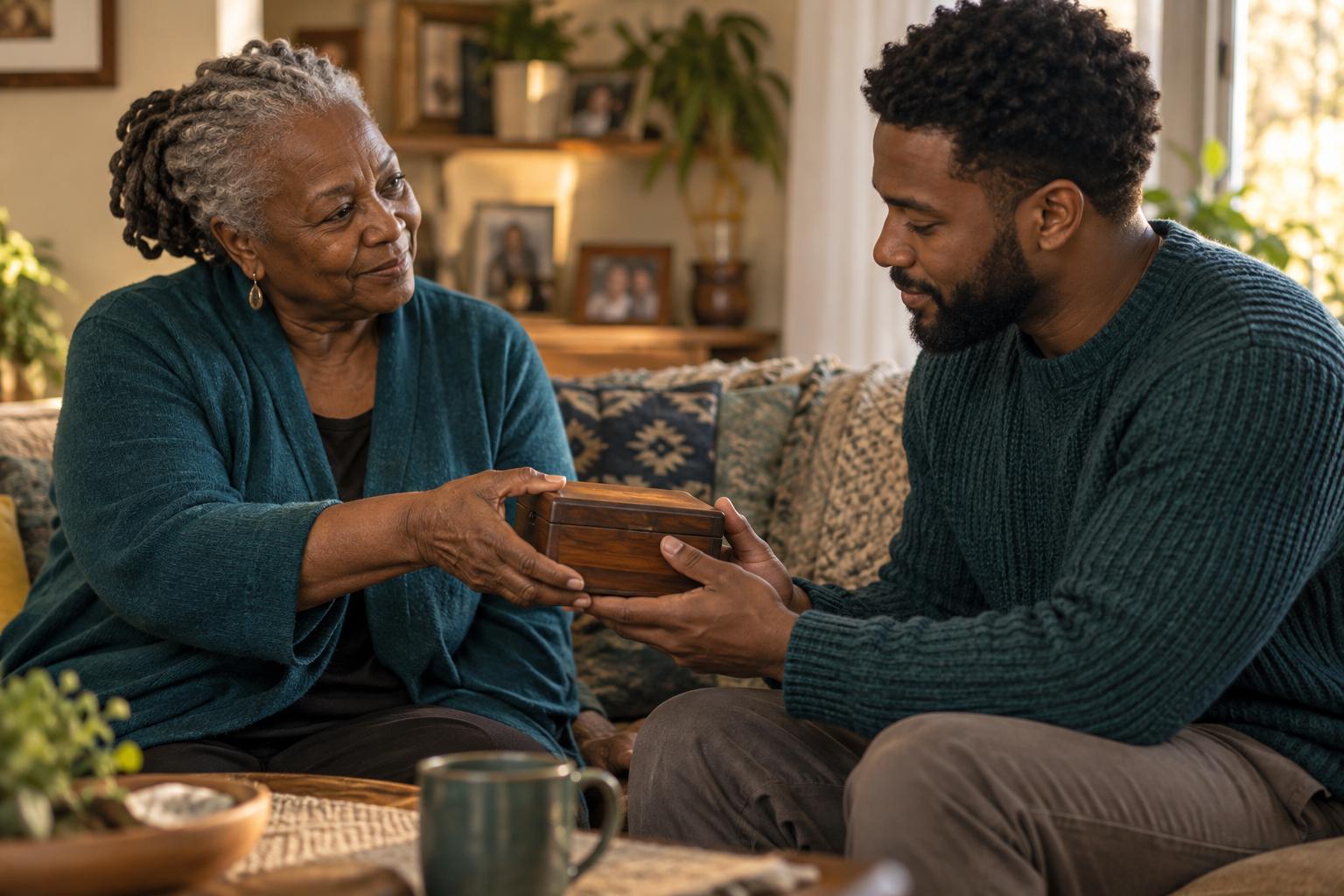 An elder intentionally passing a family keepsake to the next generation