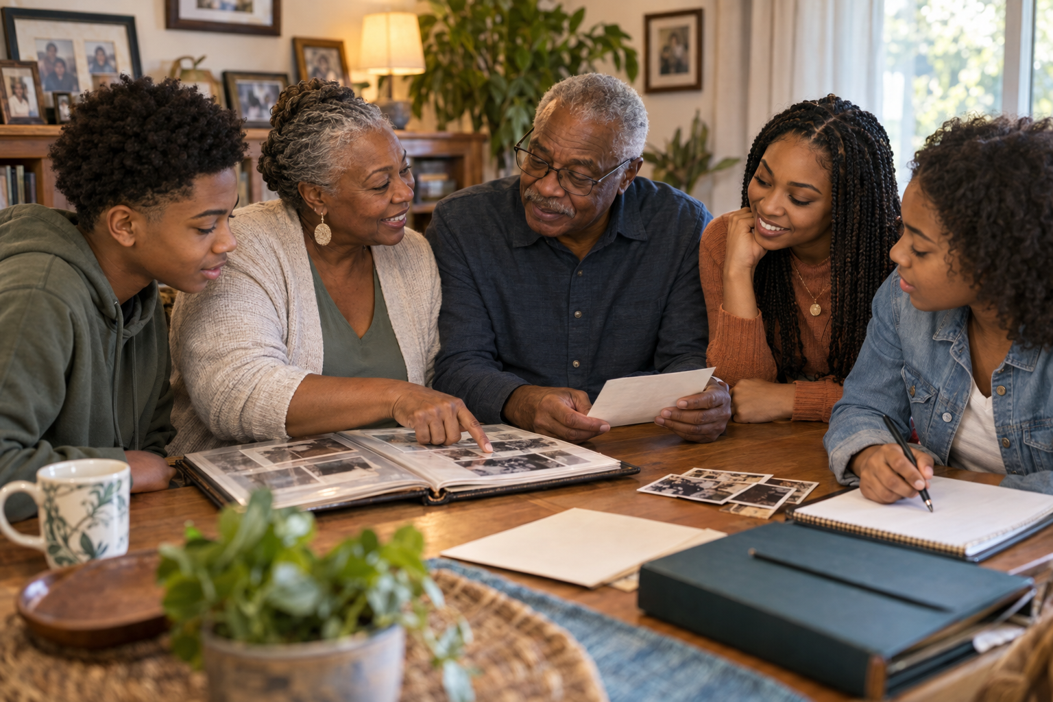 Grandparents sharing family wisdom and plans with younger generations