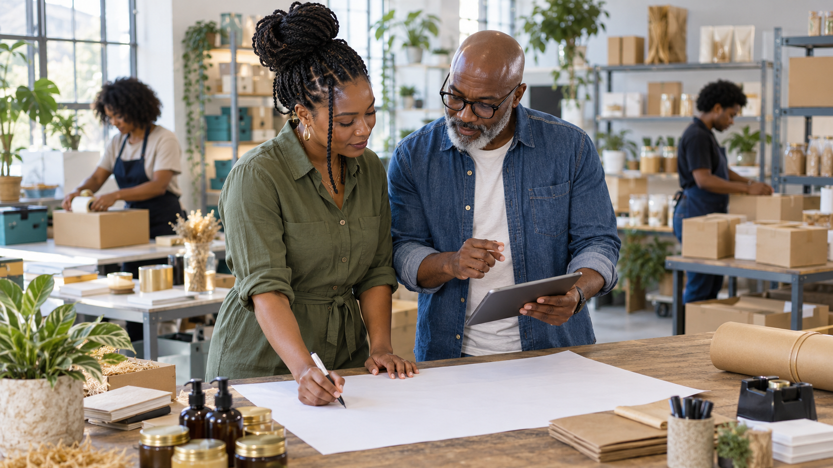 Small business partners using systems and teamwork to expand their work