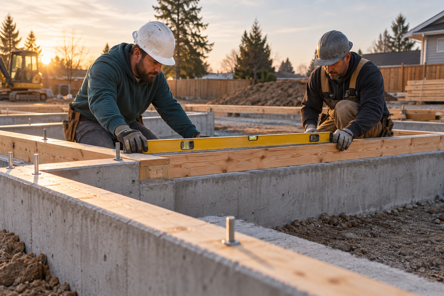 Builders carefully checking the level of a strong home foundation