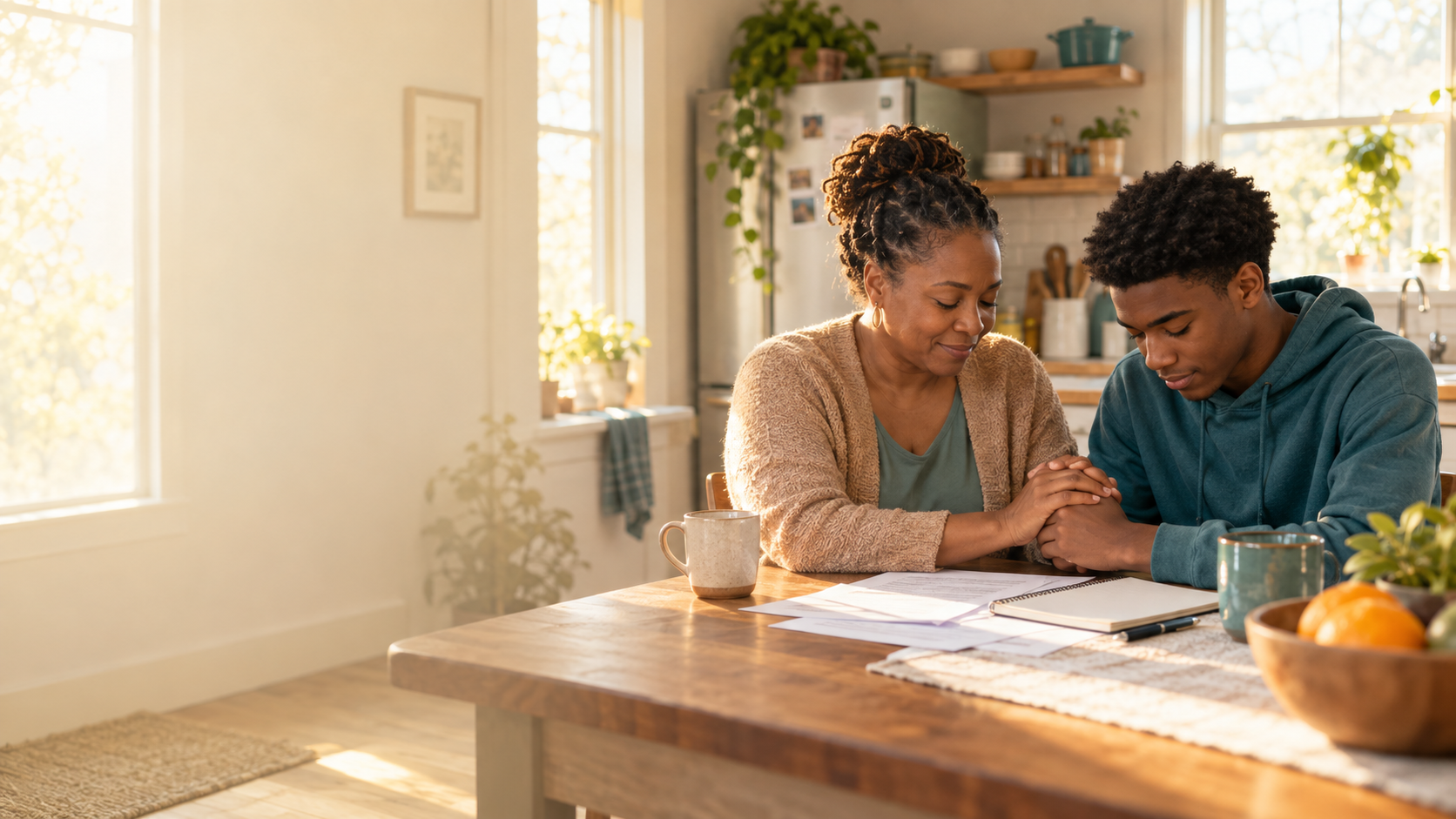 A parent and teenager pausing together after creating a hopeful household plan