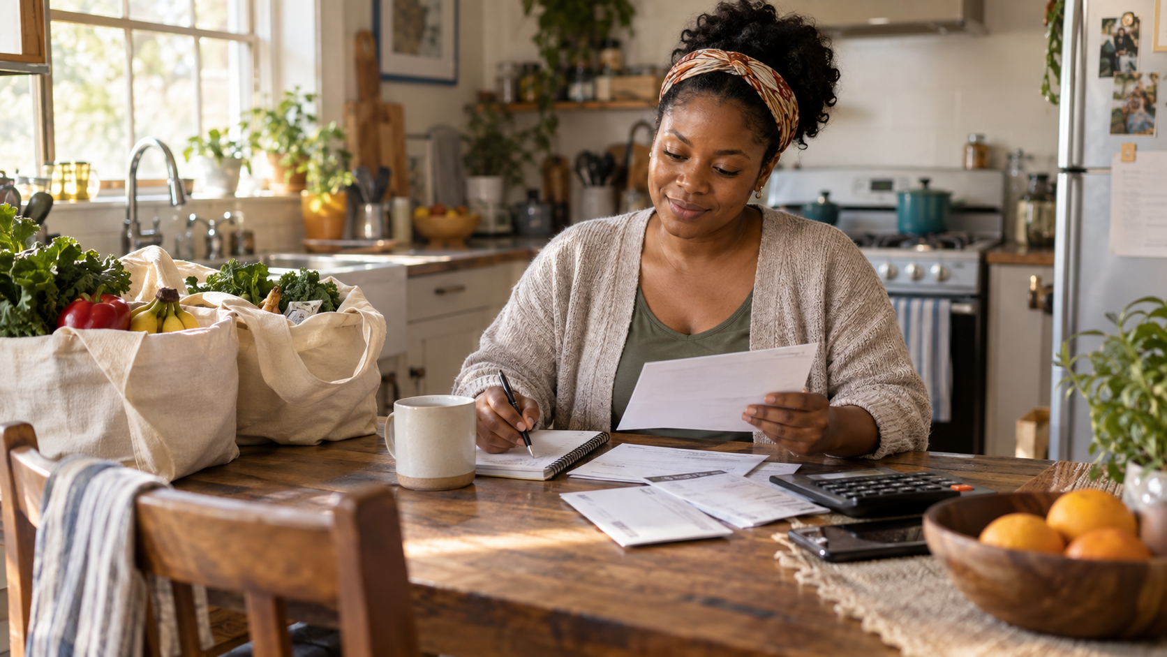 A mother calmly prioritizing essential household expenses at her kitchen table