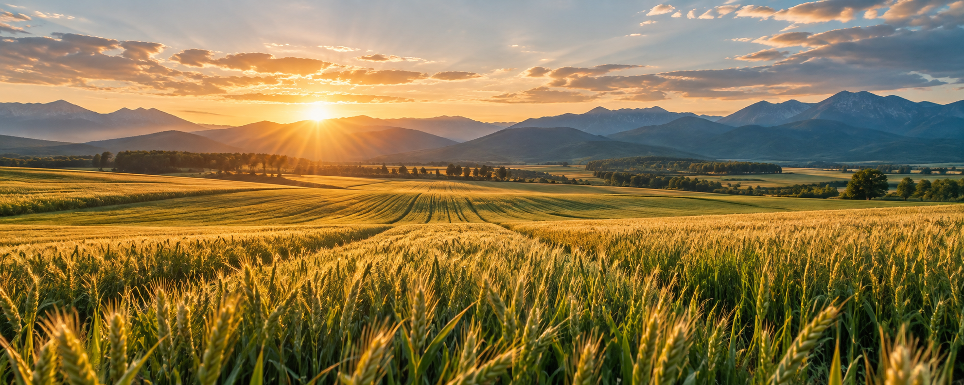 A flourishing field glowing beneath a mountain sunrise