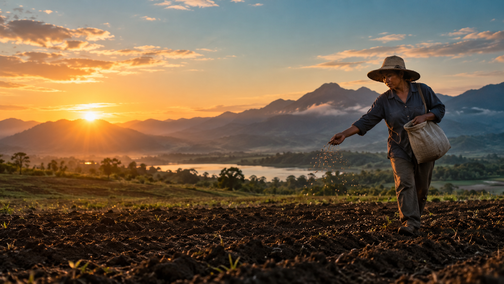 Woman sowing seeds in a field beneath a mountain sunrise
