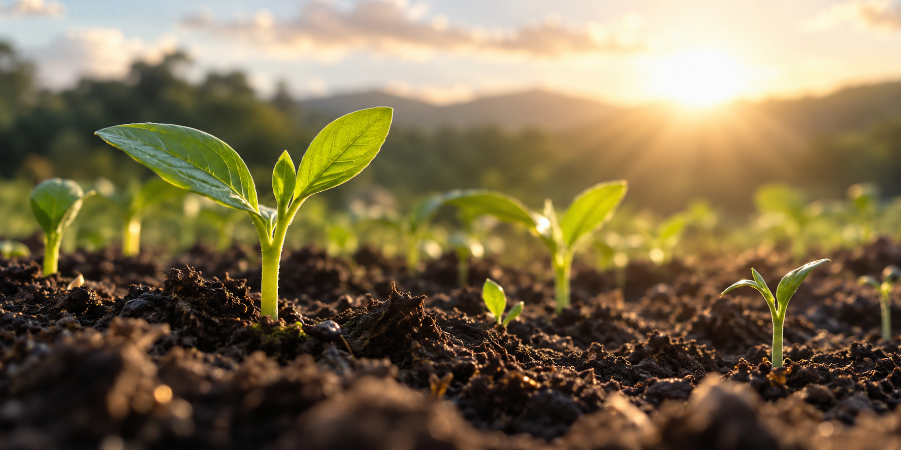 Healthy seedlings growing through rich soil in warm sunlight