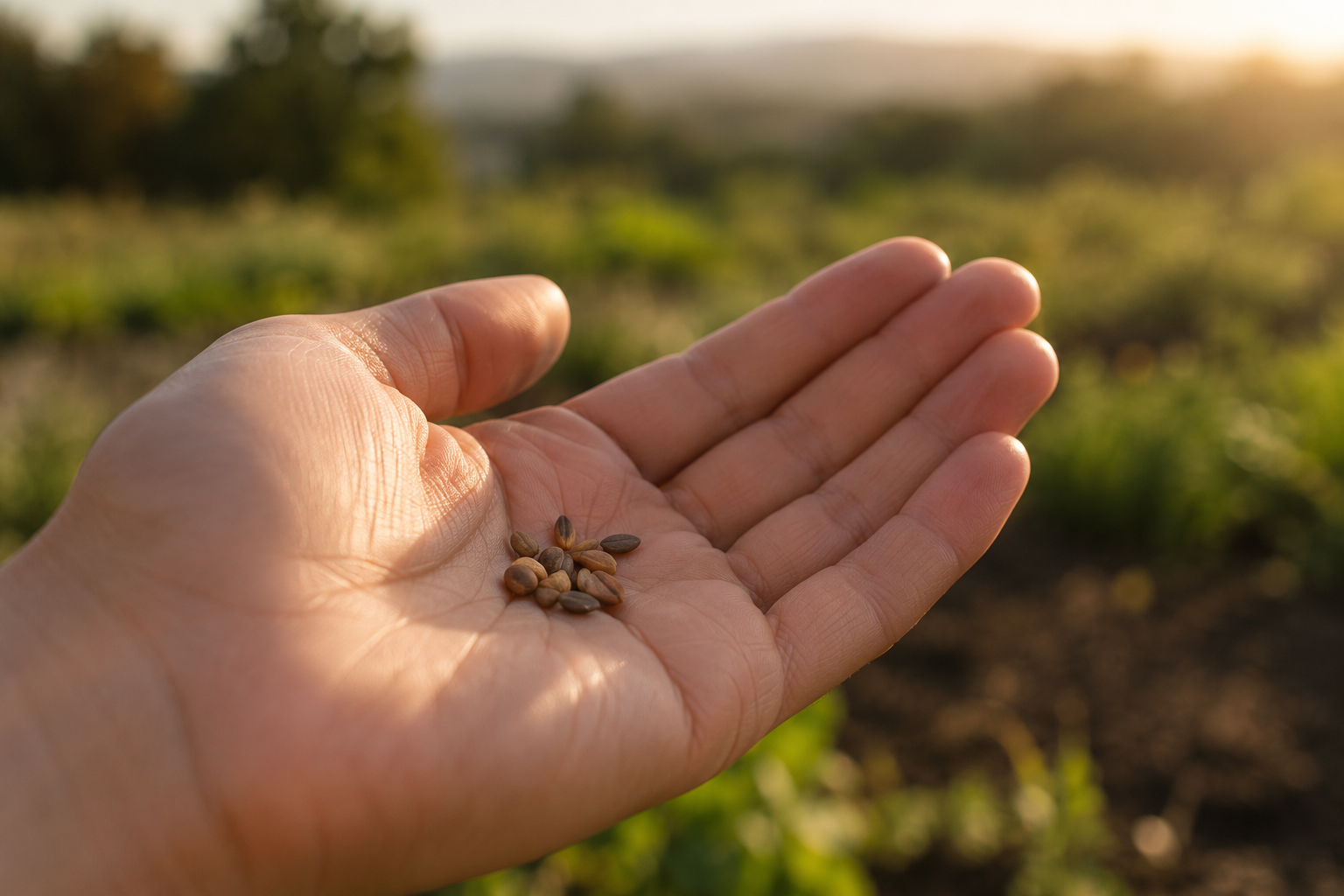 Small seeds resting in an open hand in warm natural light