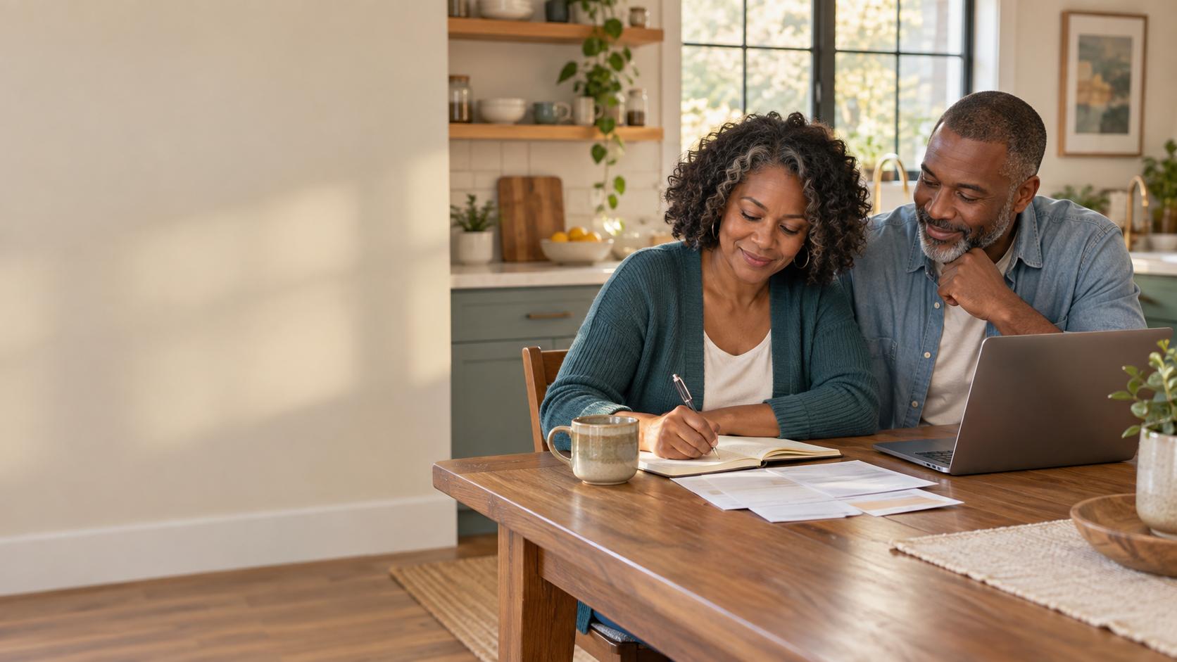 A couple calmly organizing their household finances together at home