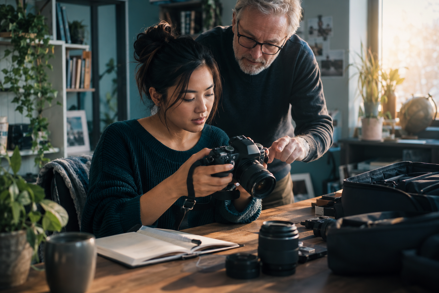 Young woman learning camera equipment at a modest desk with an older family member nearby