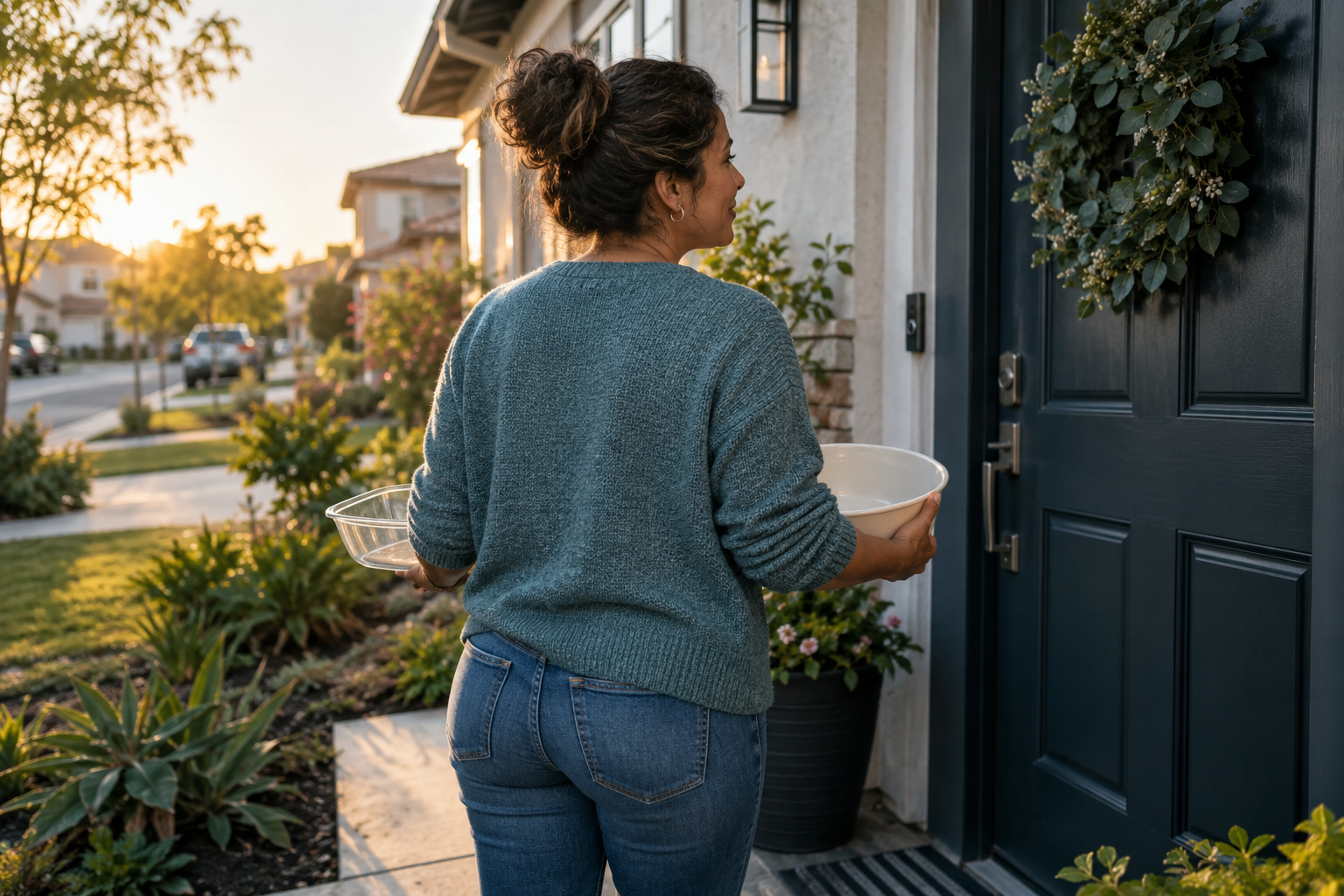 A woman approaching a doorway while carrying empty vessels