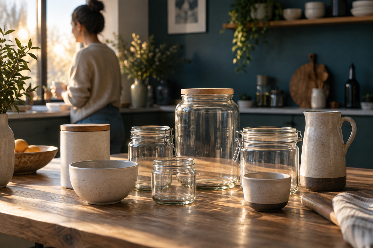 Contemporary vessels arranged in warm natural light