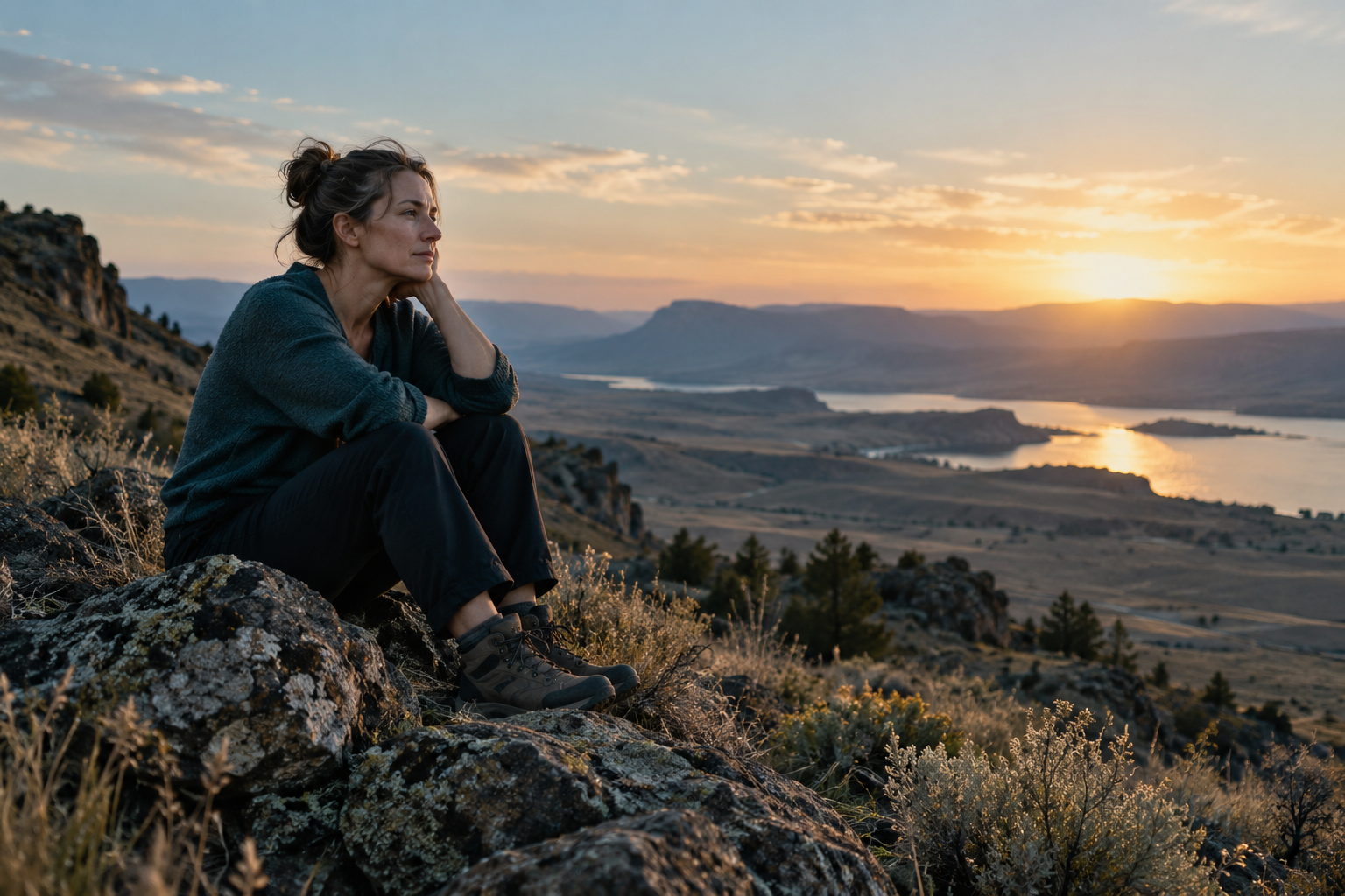 A person looking across a wide, dry landscape as light appears in the distance